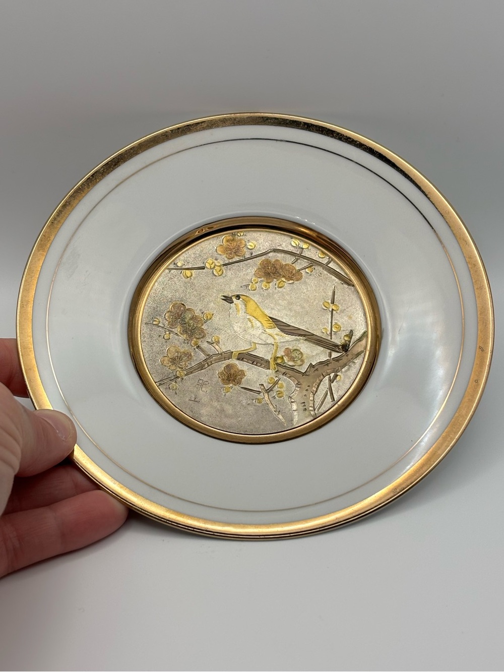 Vintage Japanese "Art of Chokin" Decorative Plate with Bird and Floral Motif